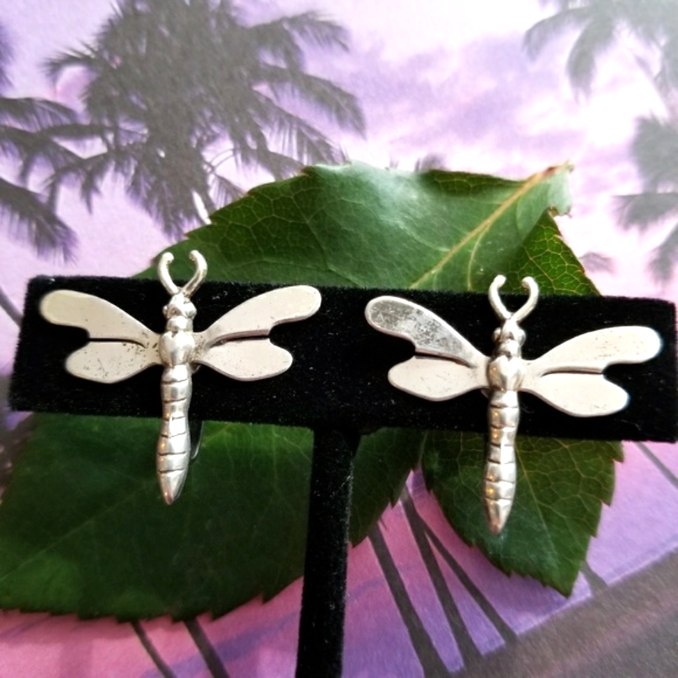 Vintage Sterling Silver Dragonfly Earrings Silver Insect Bug Screwback 925